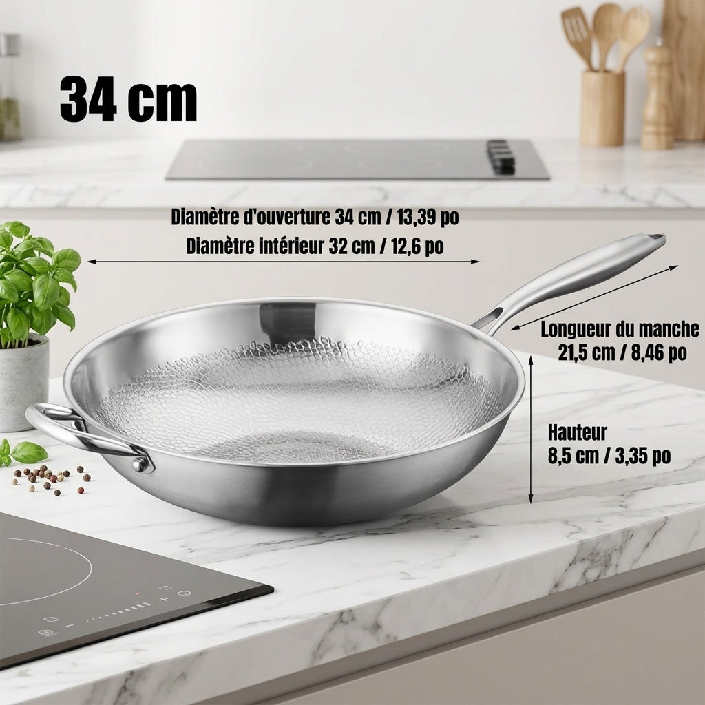 Dimensions du wok titane inox martelé 34 cm