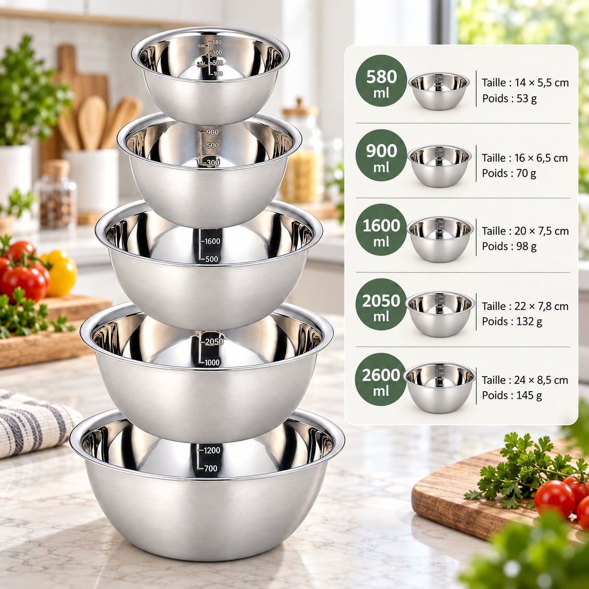 Set de 5 bols inox – contenances de 580 ml à 2600 ml