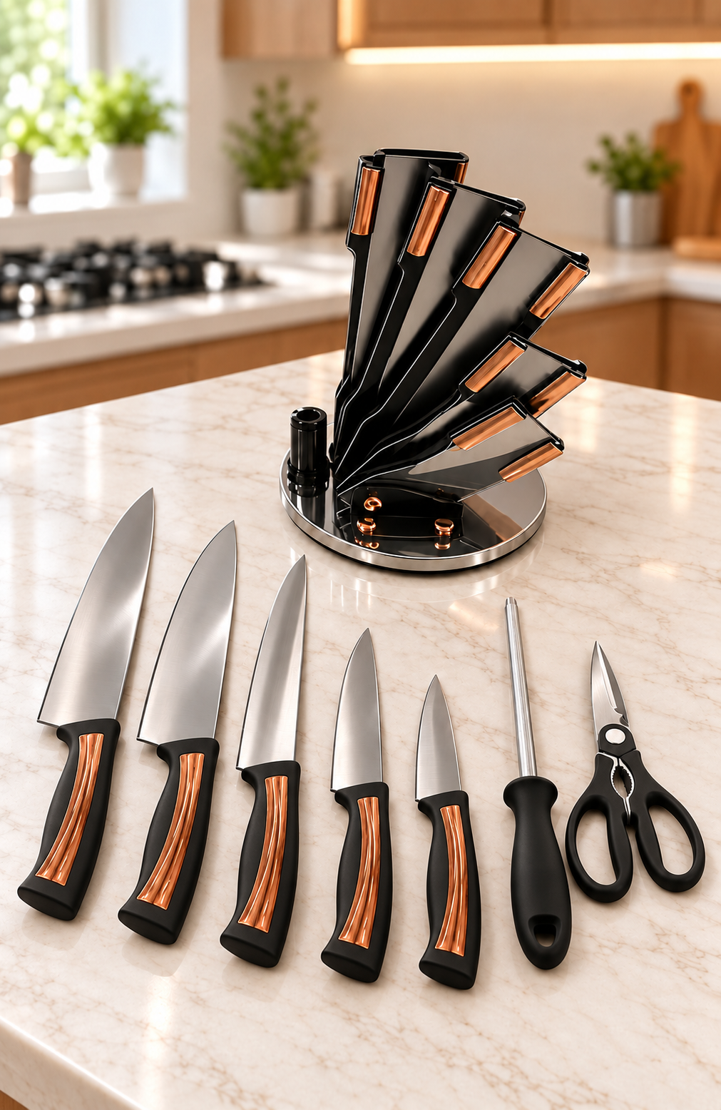 Set de Couteaux de Cuisine sur Support Rotatif – Couteaux & Ciseaux, 4 Coloris