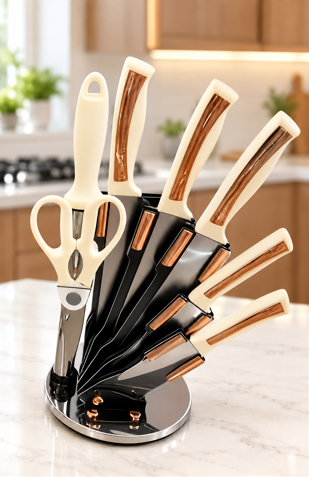 Set de Couteaux de Cuisine sur Support Rotatif – Couteaux & Ciseaux, 4 Coloris