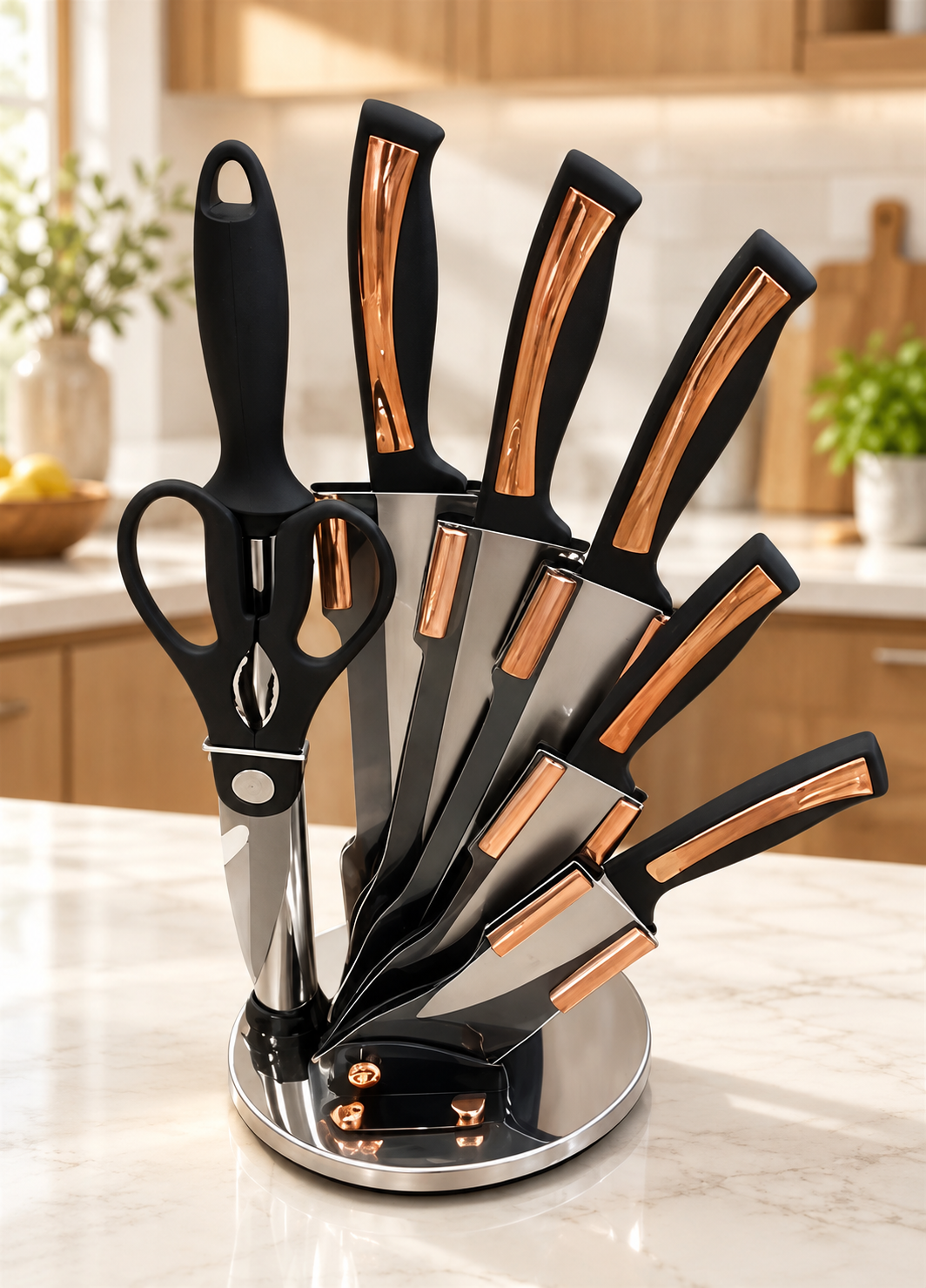 Set de Couteaux de Cuisine sur Support Rotatif – Couteaux & Ciseaux, 4 Coloris