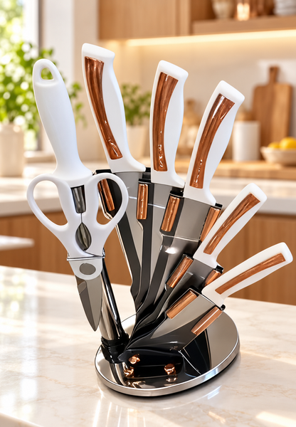 Set de Couteaux de Cuisine sur Support Rotatif – Couteaux & Ciseaux, 4 Coloris