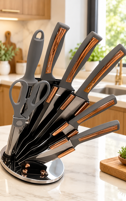Set de Couteaux de Cuisine sur Support Rotatif – Couteaux & Ciseaux, 4 Coloris