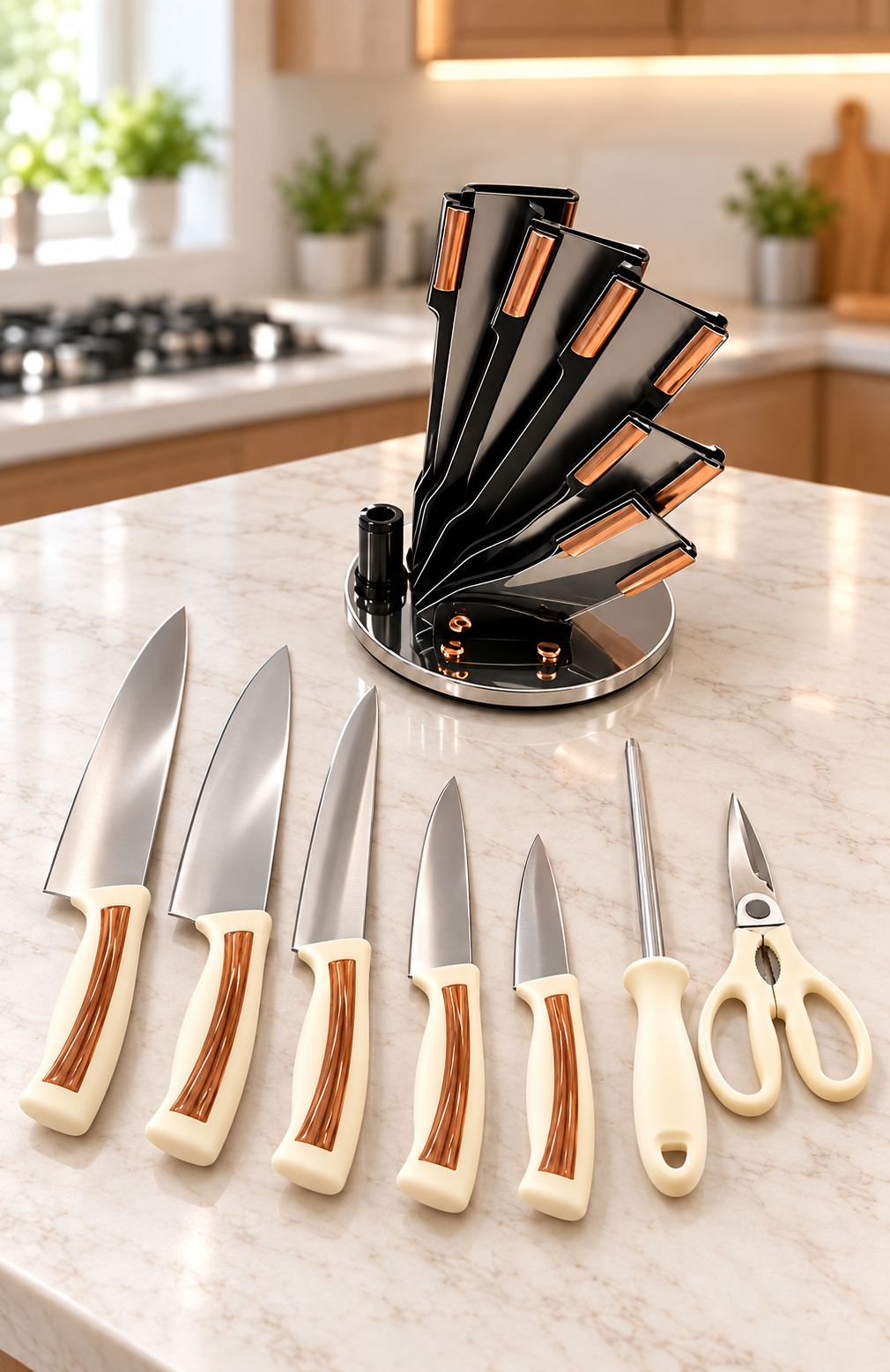 Set de Couteaux de Cuisine sur Support Rotatif – Couteaux & Ciseaux, 4 Coloris