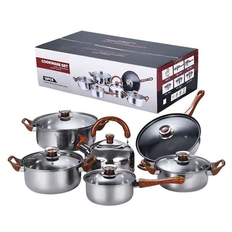 Batterie de cuisine inox 12 pièces avec bouilloire, poignées effet bois