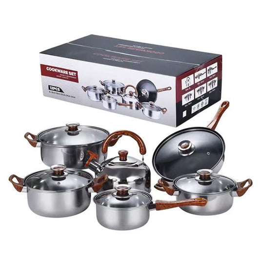 Batterie de cuisine inox 12 pièces avec bouilloire, poignées effet bois