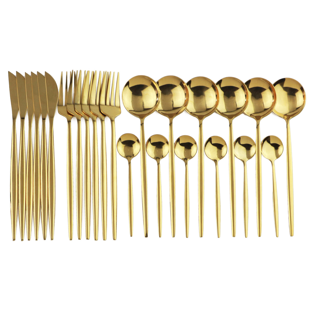 Ménagère inox dorée 24 pièces : couteaux, fourchettes, cuillères et cuillères à café