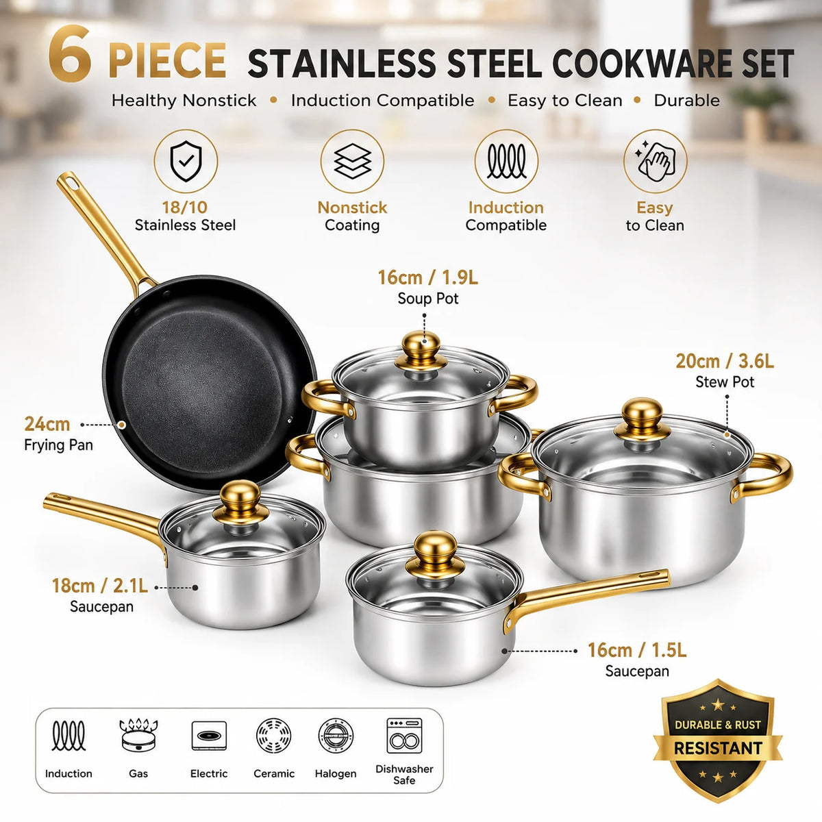 Batterie Cuisine Inox 6 Pièces Colorée – Antiadhésive Induction