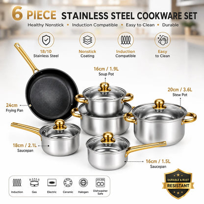 Batterie Cuisine Inox 6 Pièces Colorée – Antiadhésive Induction