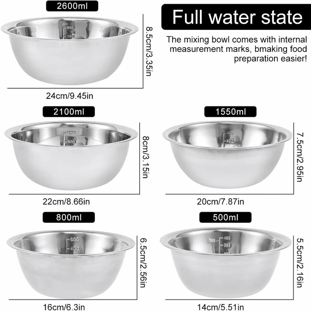 5er-Set Rutschfeste Edelstahlschüsseln mit Skala – Backen & Salat
