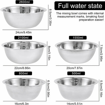 5er-Set Rutschfeste Edelstahlschüsseln mit Skala – Backen & Salat