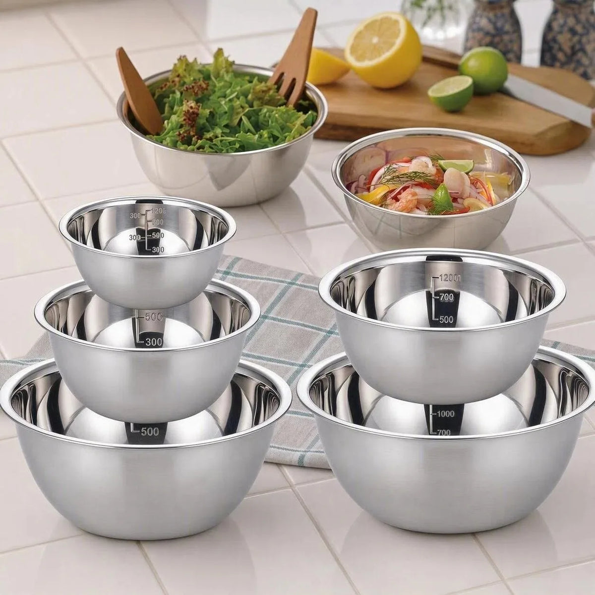 5er-Set Rutschfeste Edelstahlschüsseln mit Skala – Backen & Salat