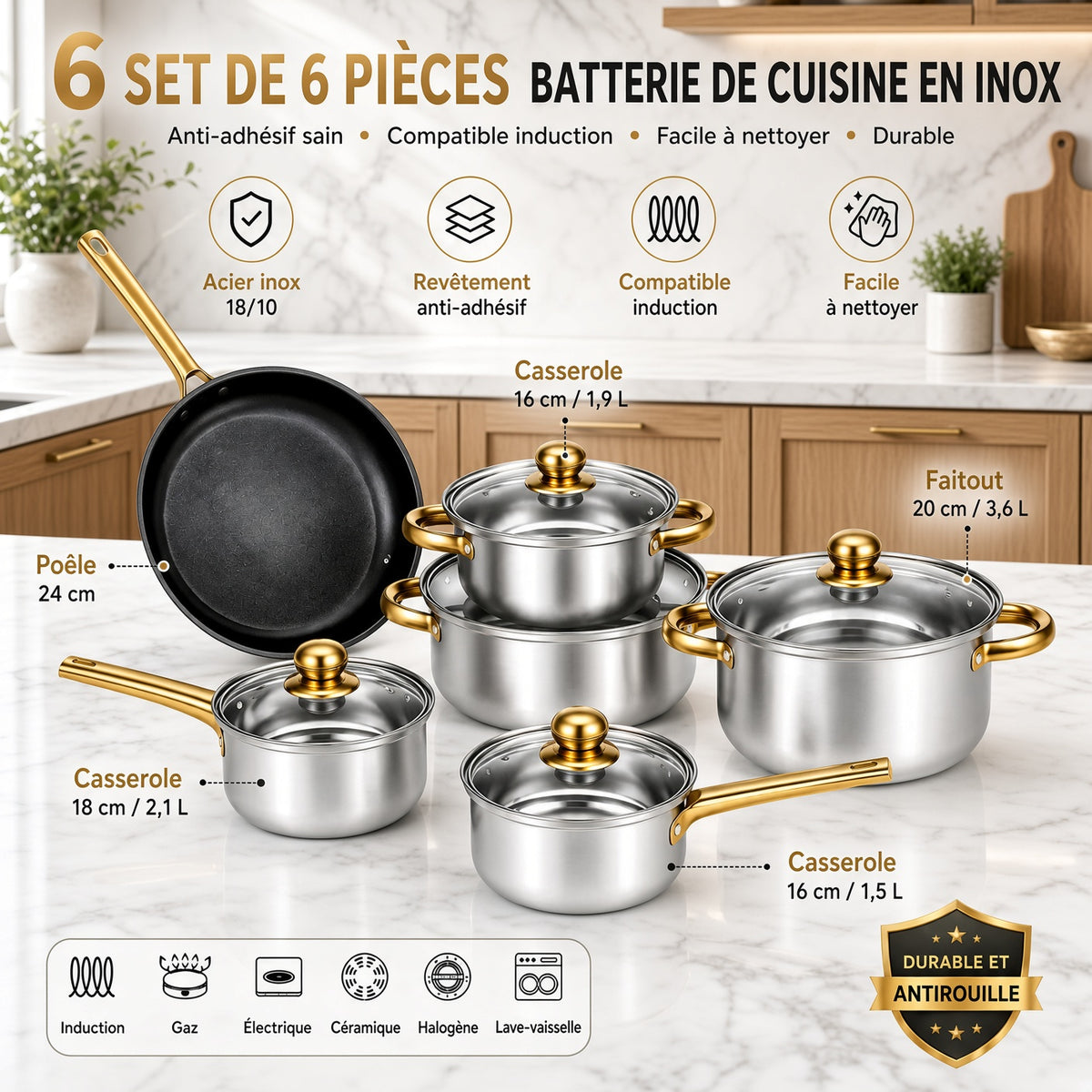 Batterie de cuisine inox 6 pièces : poêle 24 cm, casseroles et faitouts à poignées dorées