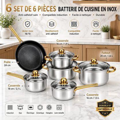 Batterie de cuisine inox 6 pièces : poêle 24 cm, casseroles et faitouts à poignées dorées