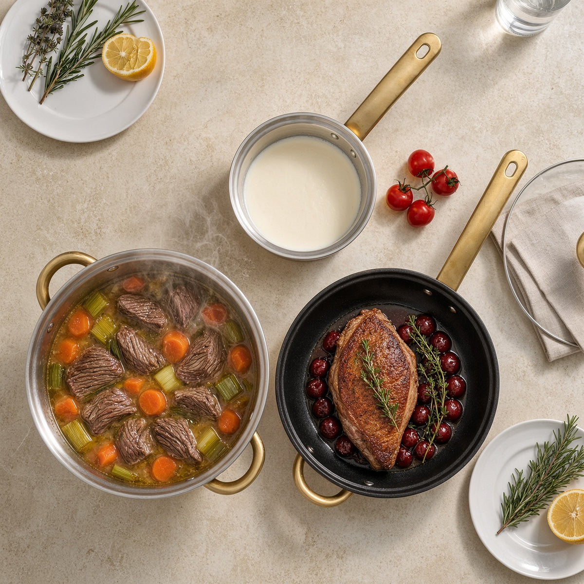 Faitout, casserole et poêle antiadhésive de la batterie 6 pièces en cuisson