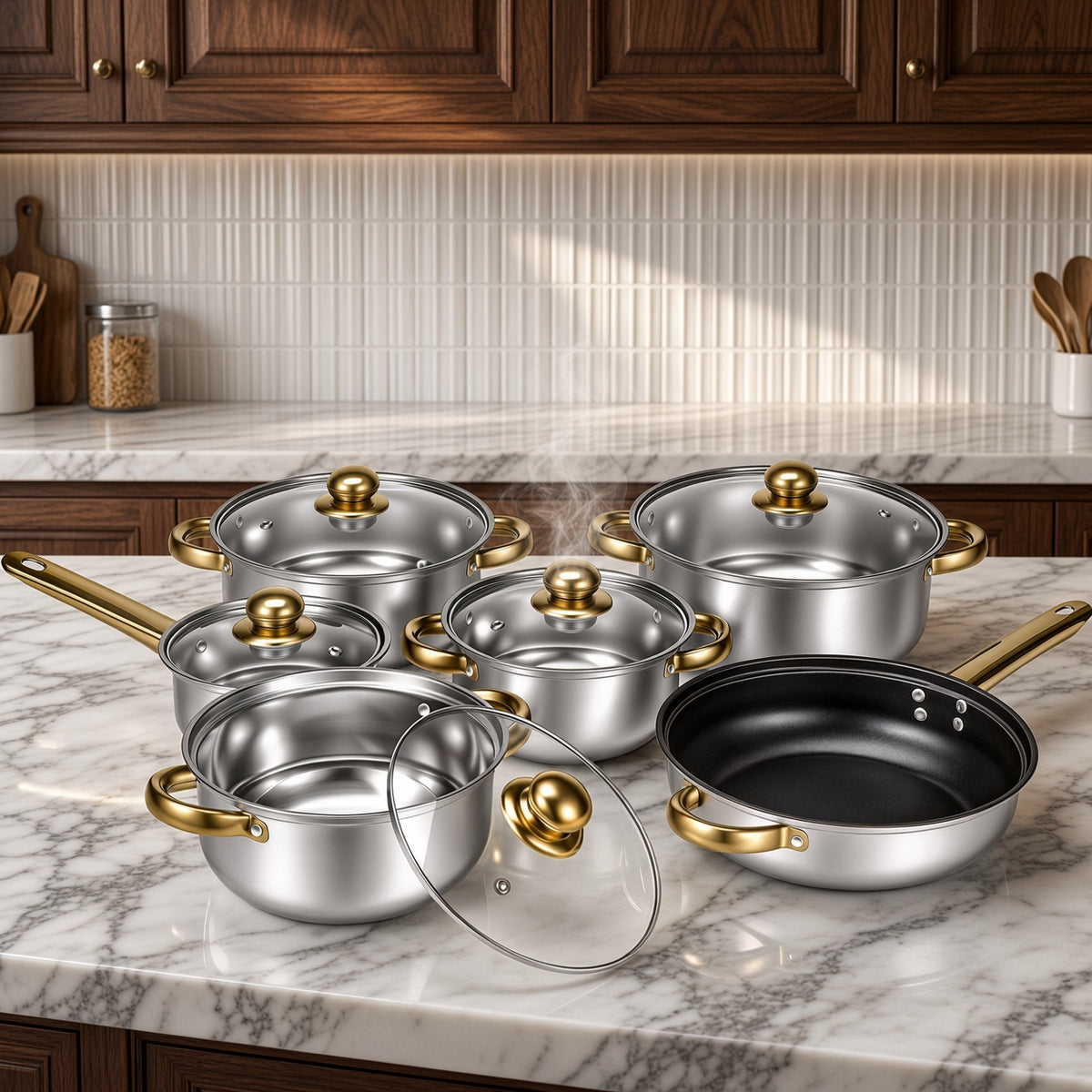 Batterie de cuisine inox 6 pièces avec couvercles en verre sur plan en marbre