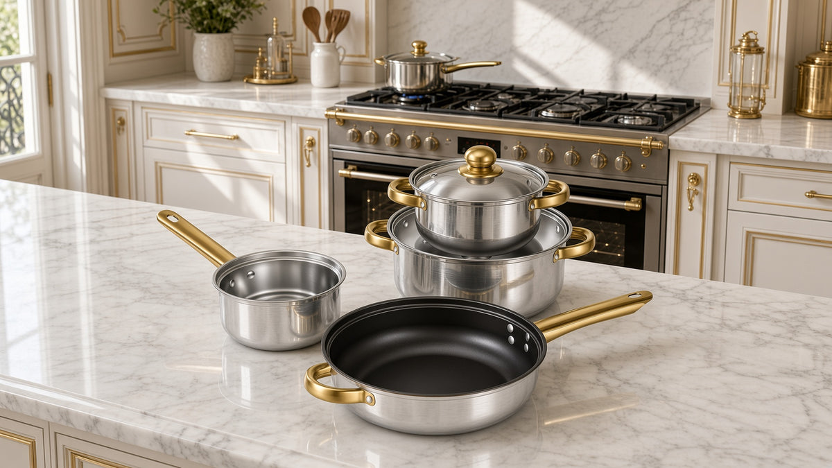 Batterie de cuisine inox 6 pièces sur plan de travail