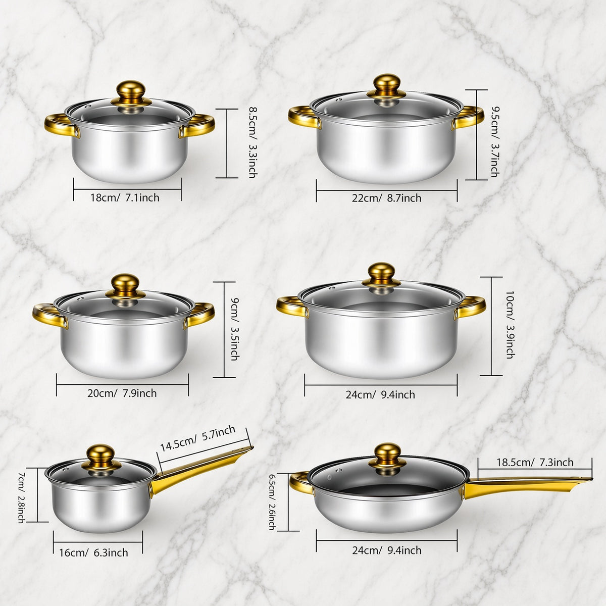 Dimensions des casseroles, faitouts et poêle de la batterie 6 pièces