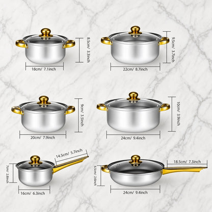 Dimensions des casseroles, faitouts et poêle de la batterie 6 pièces