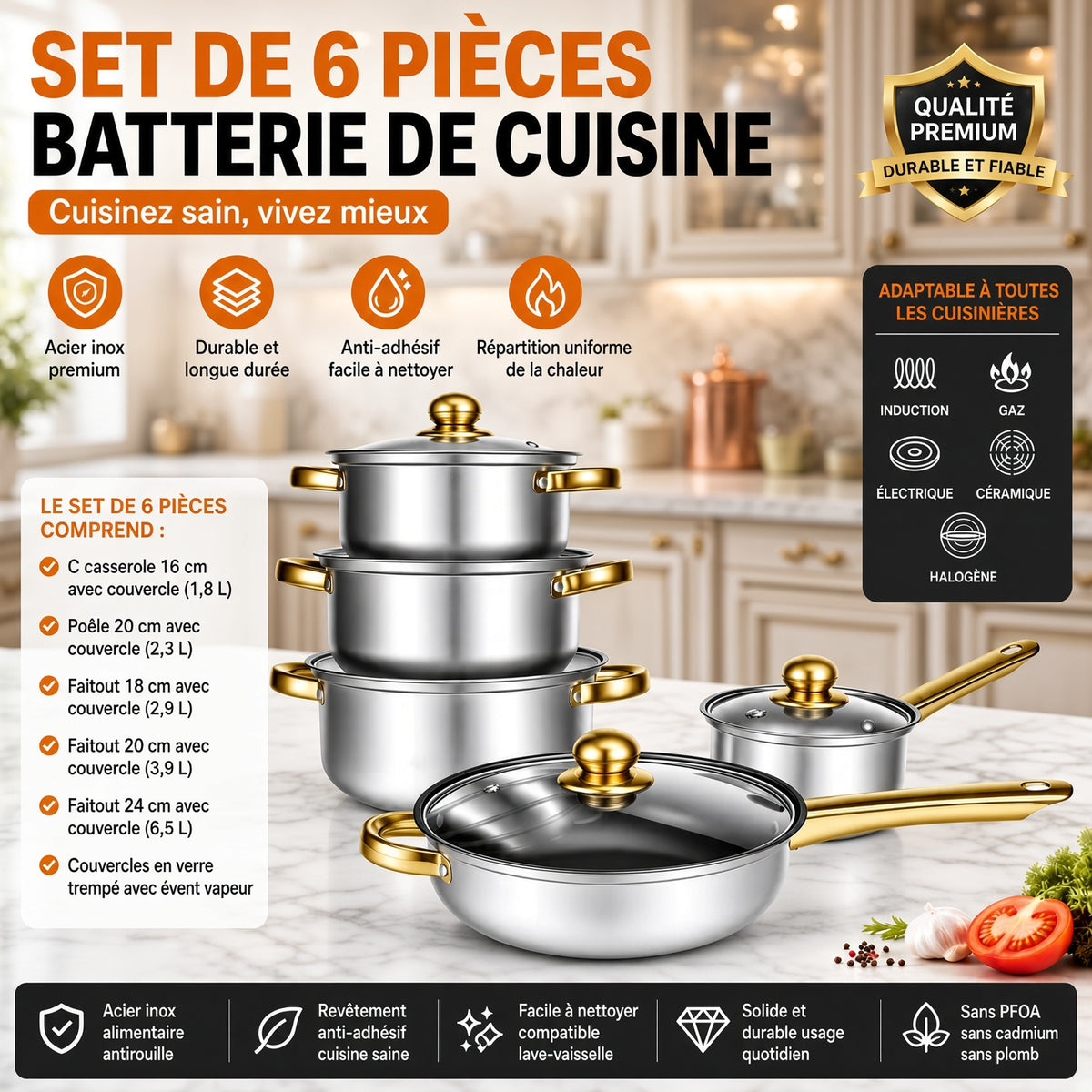 Contenu de la batterie de cuisine inox 6 pièces : casseroles, faitouts et poêle