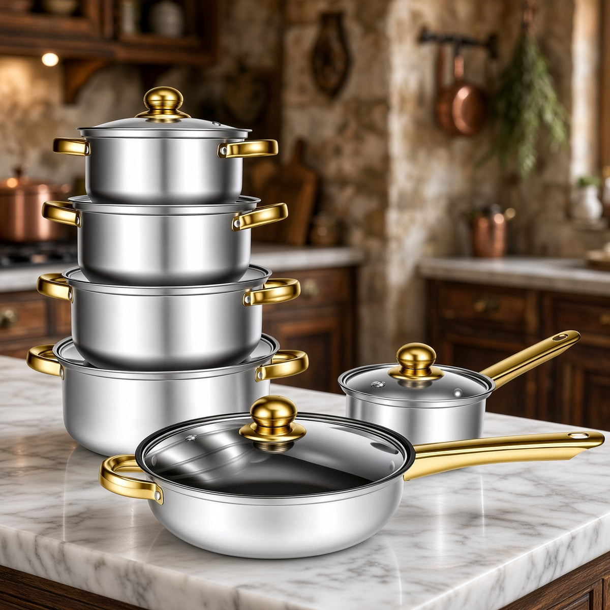 Batterie de cuisine inox 6 pièces empilée, poignées dorées
