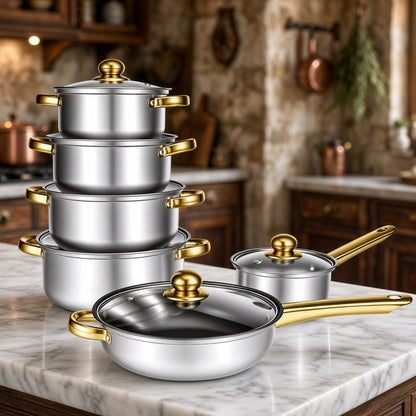 Batterie de cuisine inox 6 pièces empilée, poignées dorées