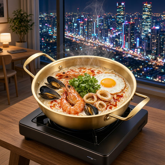 Ramen aux fruits de mer dans la casserole coréenne dorée sur réchaud