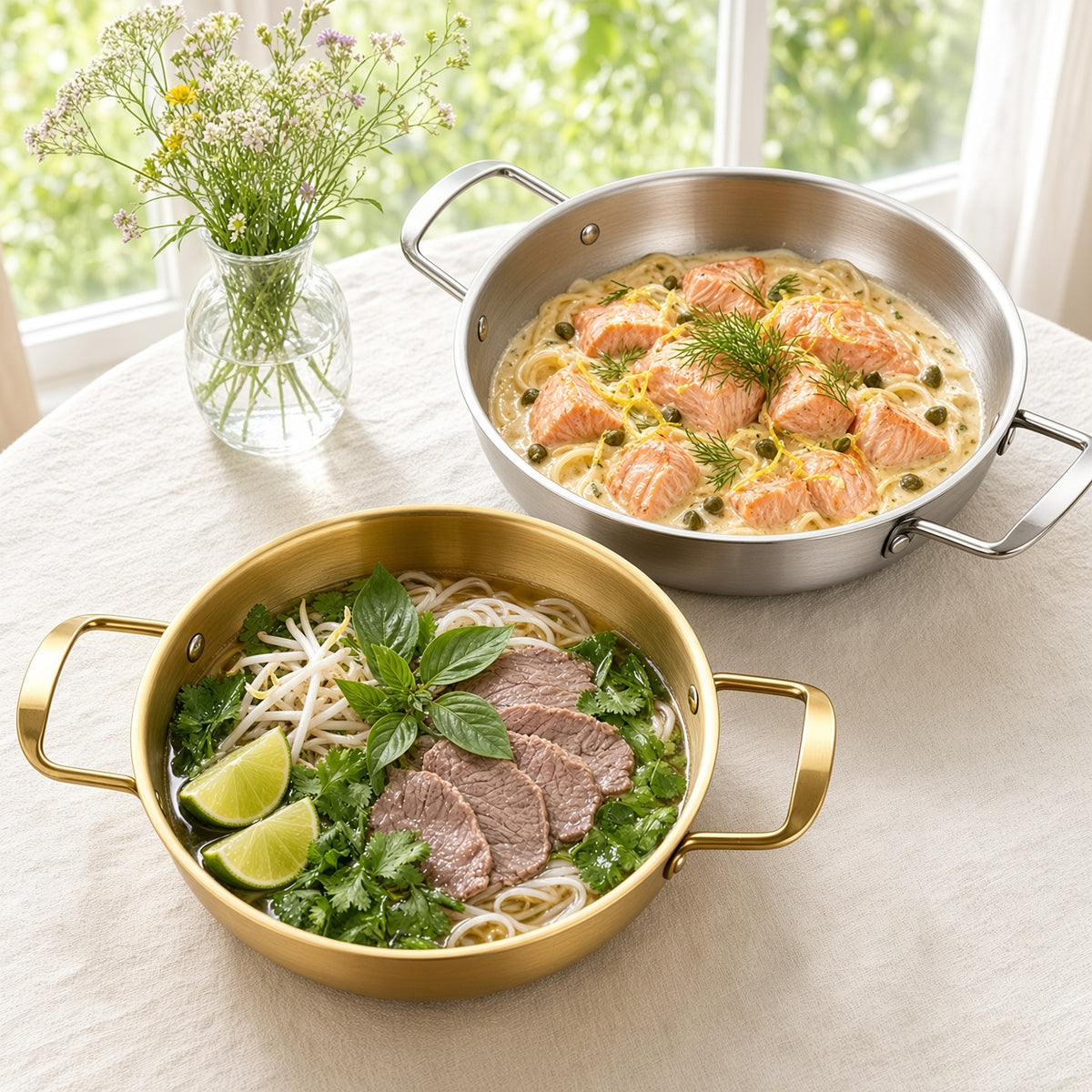 Pho au bœuf dans la casserole ramen dorée et plat de saumon