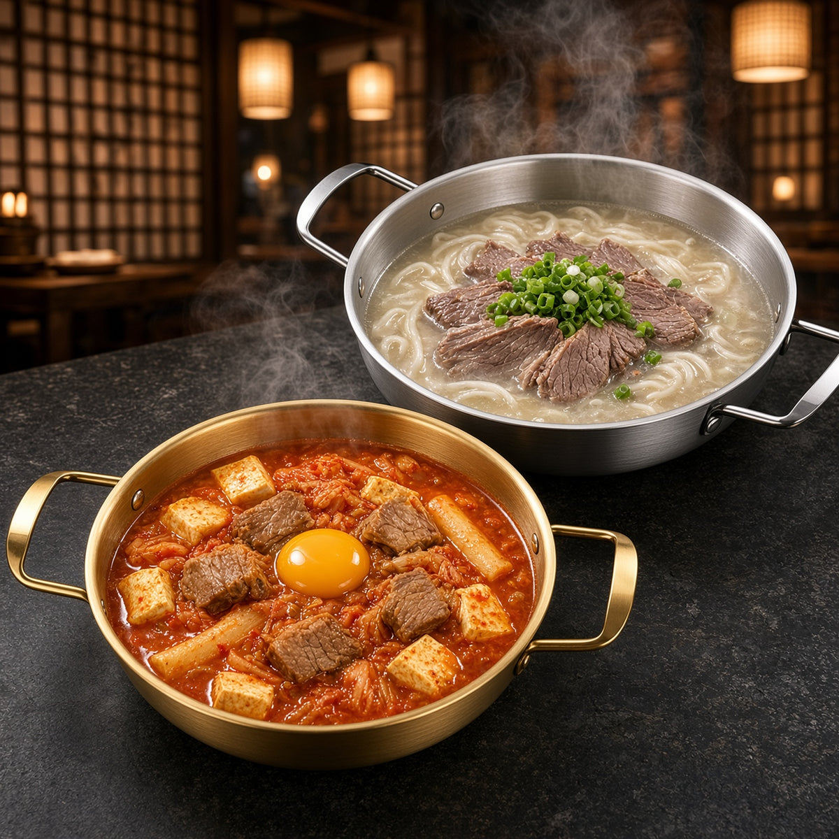 Soupe kimchi et soupe de bœuf dans les casseroles ramen dorée et argentée