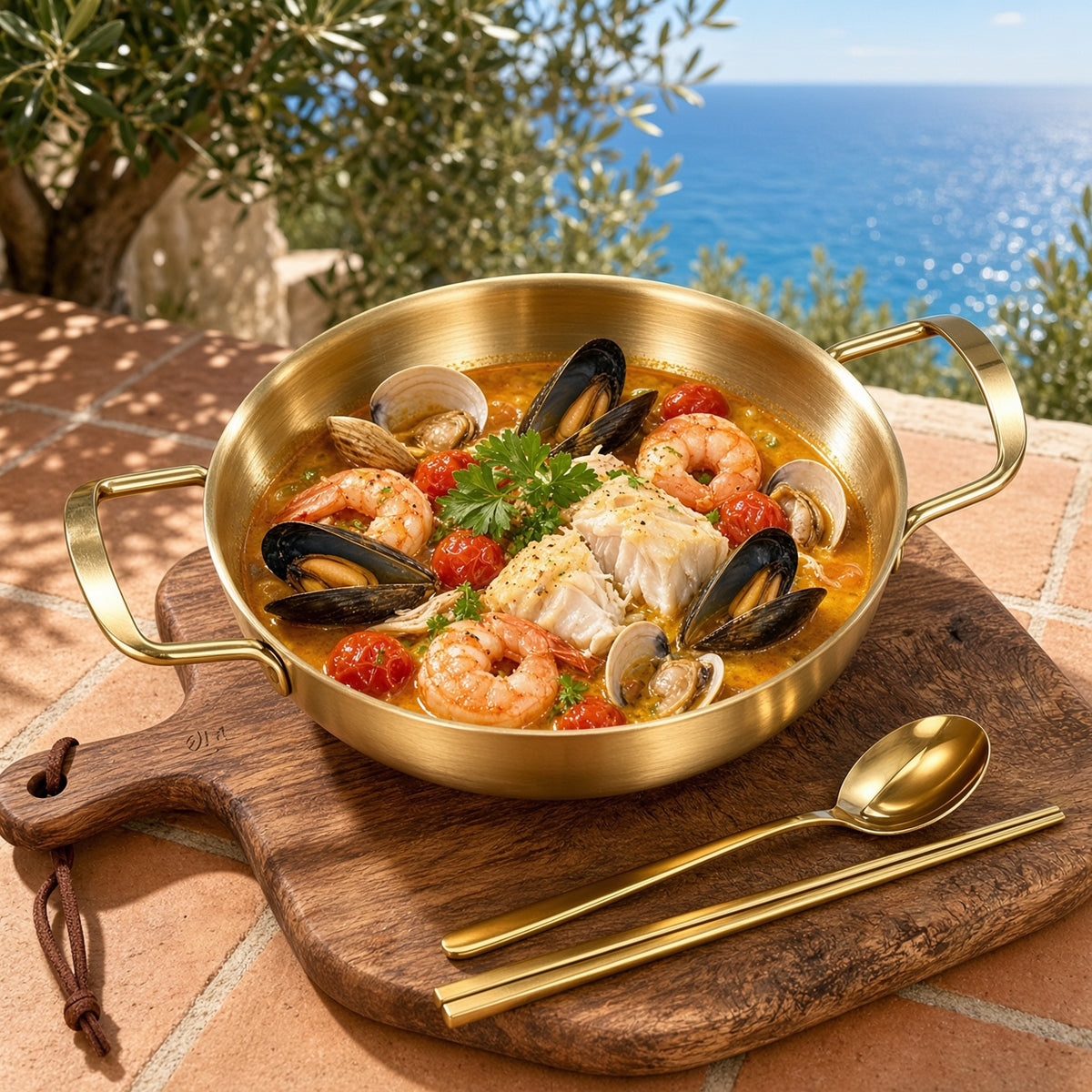 Soupe de fruits de mer dans la casserole ramen dorée