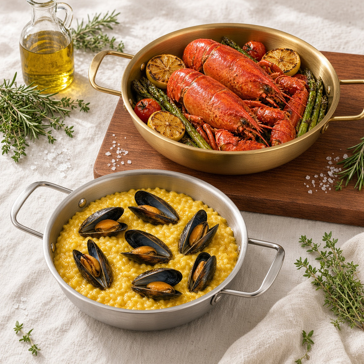 Homard et risotto aux moules dans les casseroles inox dorée et argentée