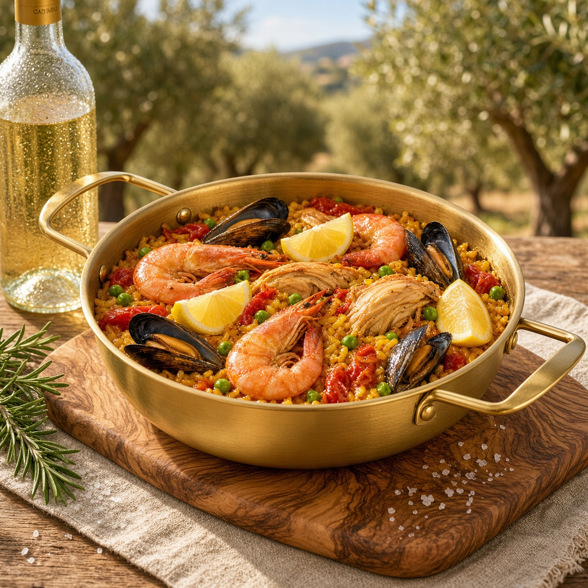 Paella aux fruits de mer dans la casserole inox dorée à 2 anses