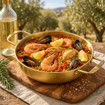 Paella aux fruits de mer dans la casserole inox dorée à 2 anses