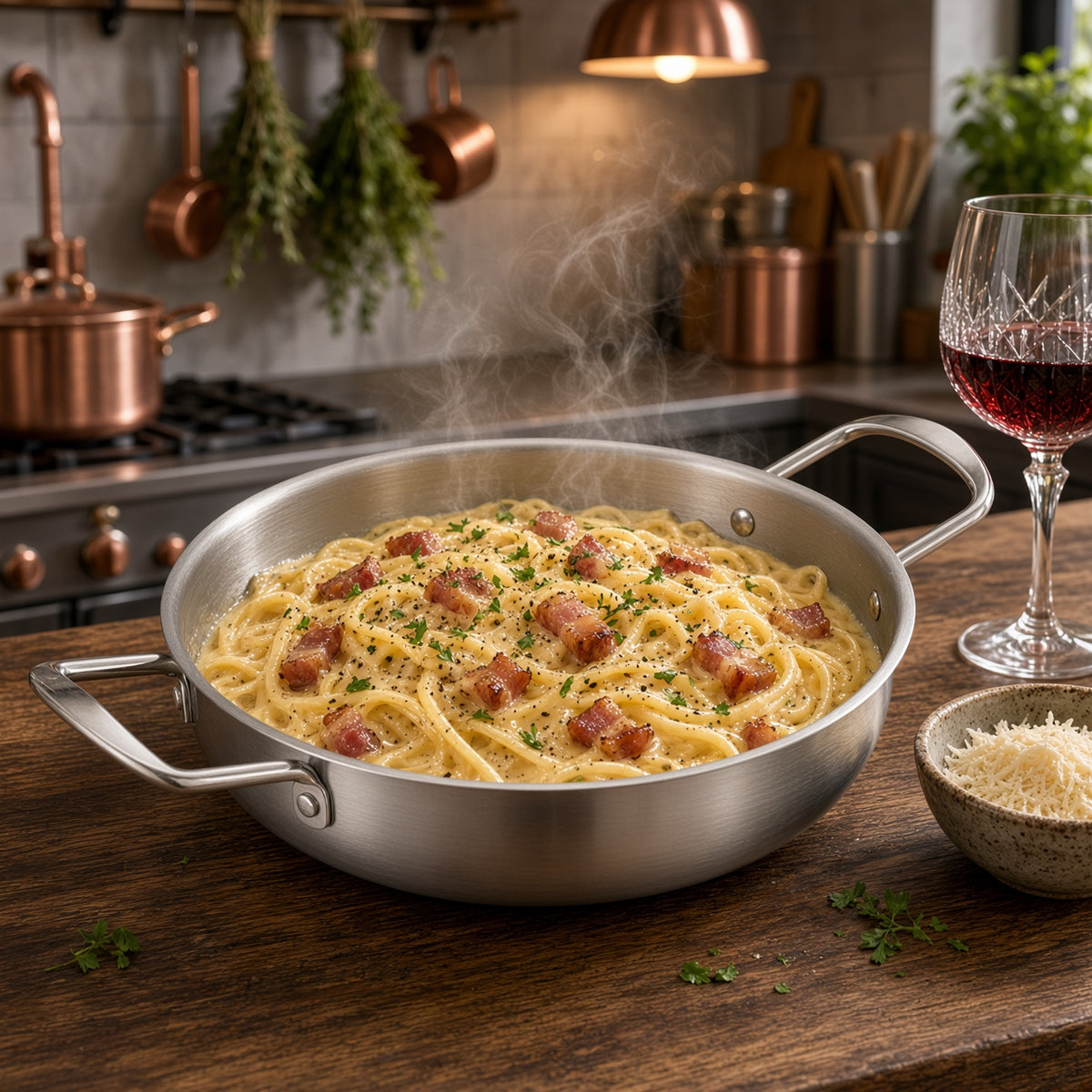 Casserole inox argentée à 2 anses avec pâtes carbonara