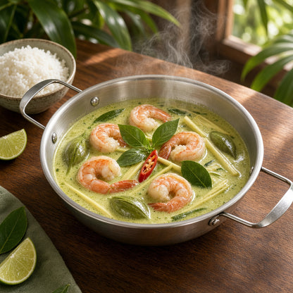 Curry vert aux crevettes dans la casserole inox argentée à 2 anses