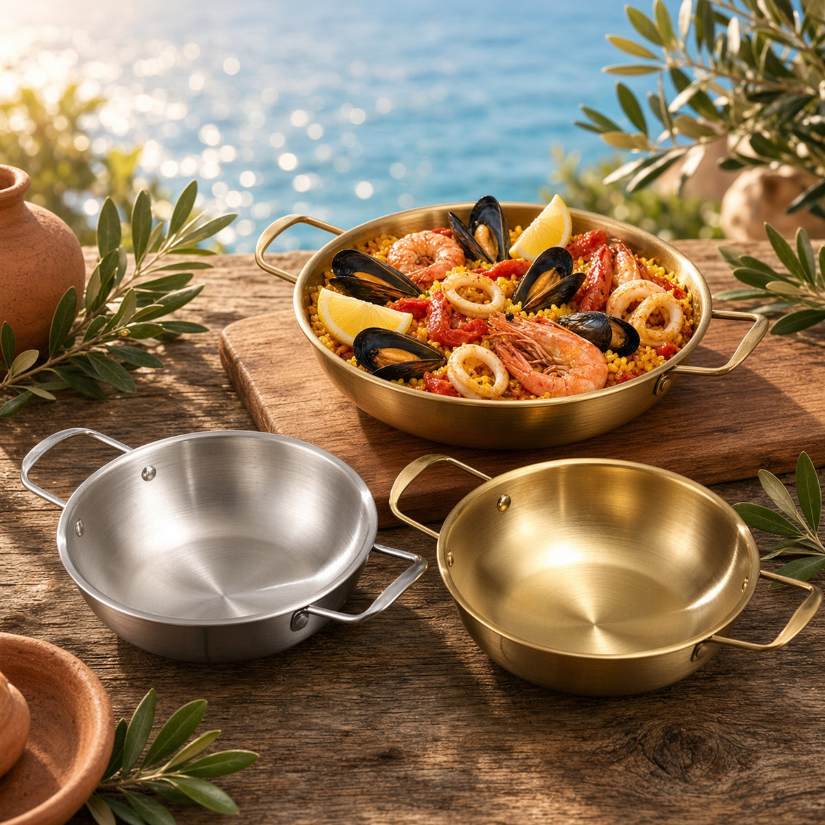 Casseroles à 2 anses dorée et argentée avec paella