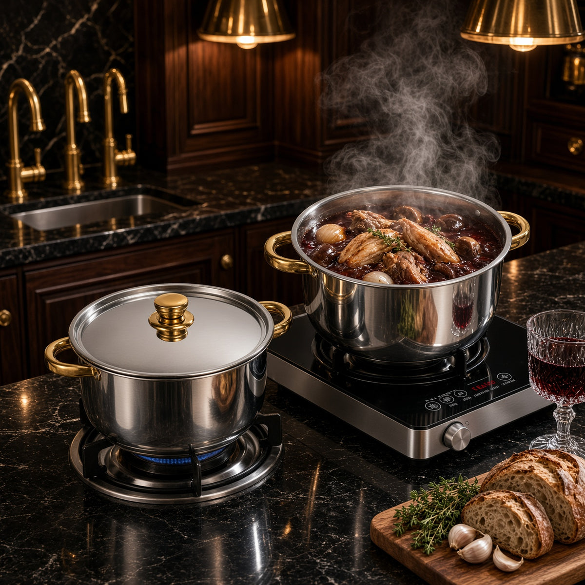 Faitouts inox à poignées dorées, pot-au-feu en cuisson