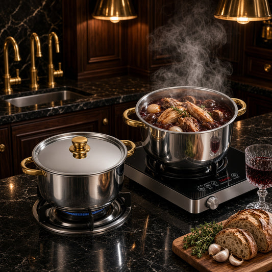 Faitouts inox à poignées dorées, pot-au-feu en cuisson