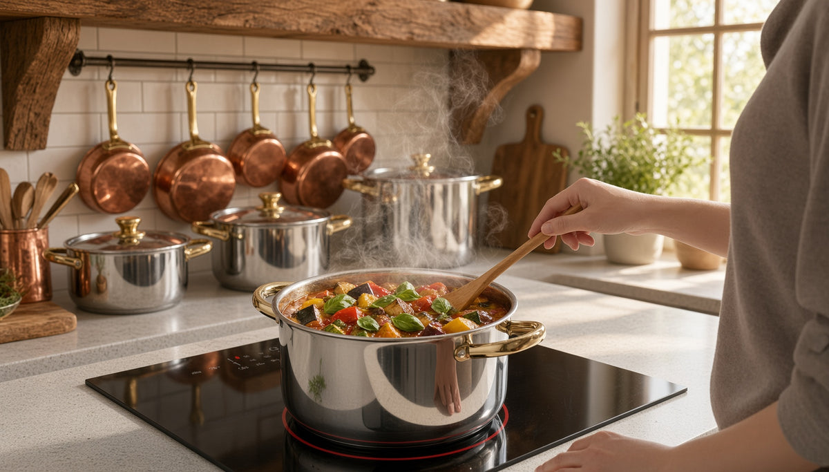 Ragoût de légumes dans un faitout inox sur induction