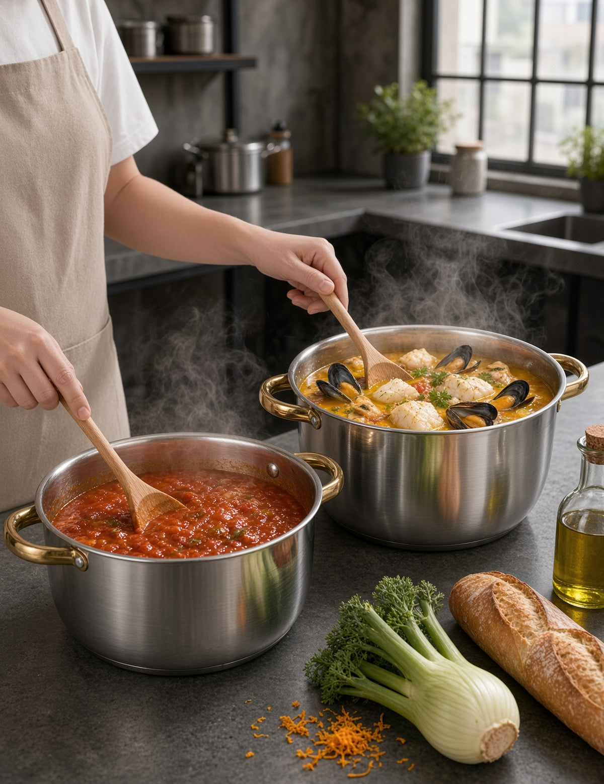 Sauce tomate et soupe de poisson dans deux faitouts inox