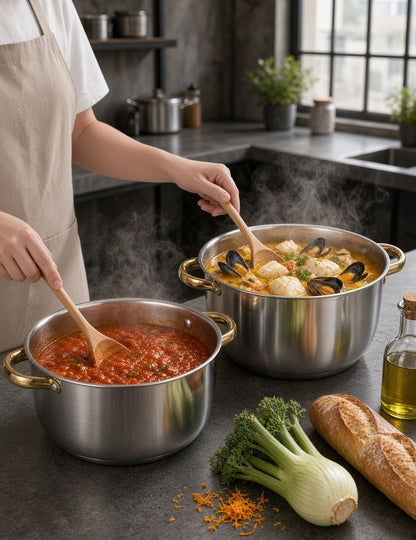 Sauce tomate et soupe de poisson dans deux faitouts inox