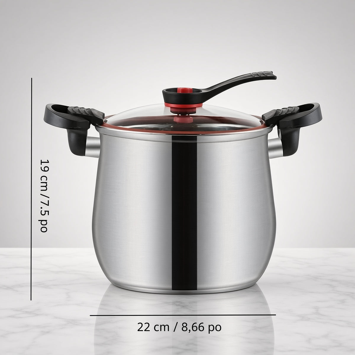 Dimensions du faitout inox : 22 cm de diamètre, 19 cm de hauteur