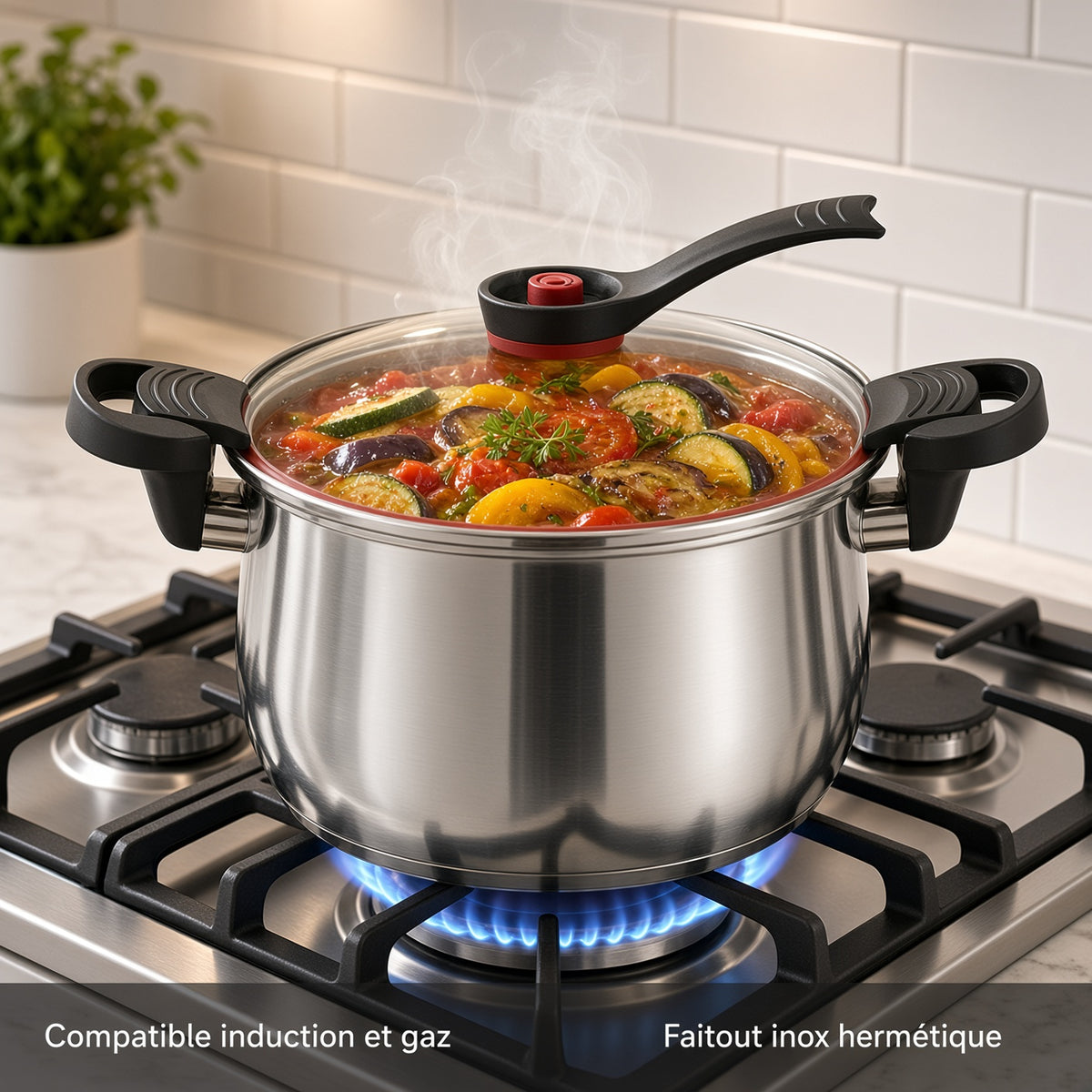Ratatouille dans le faitout inox sur cuisinière à gaz