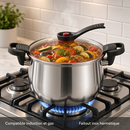 Ratatouille dans le faitout inox sur cuisinière à gaz