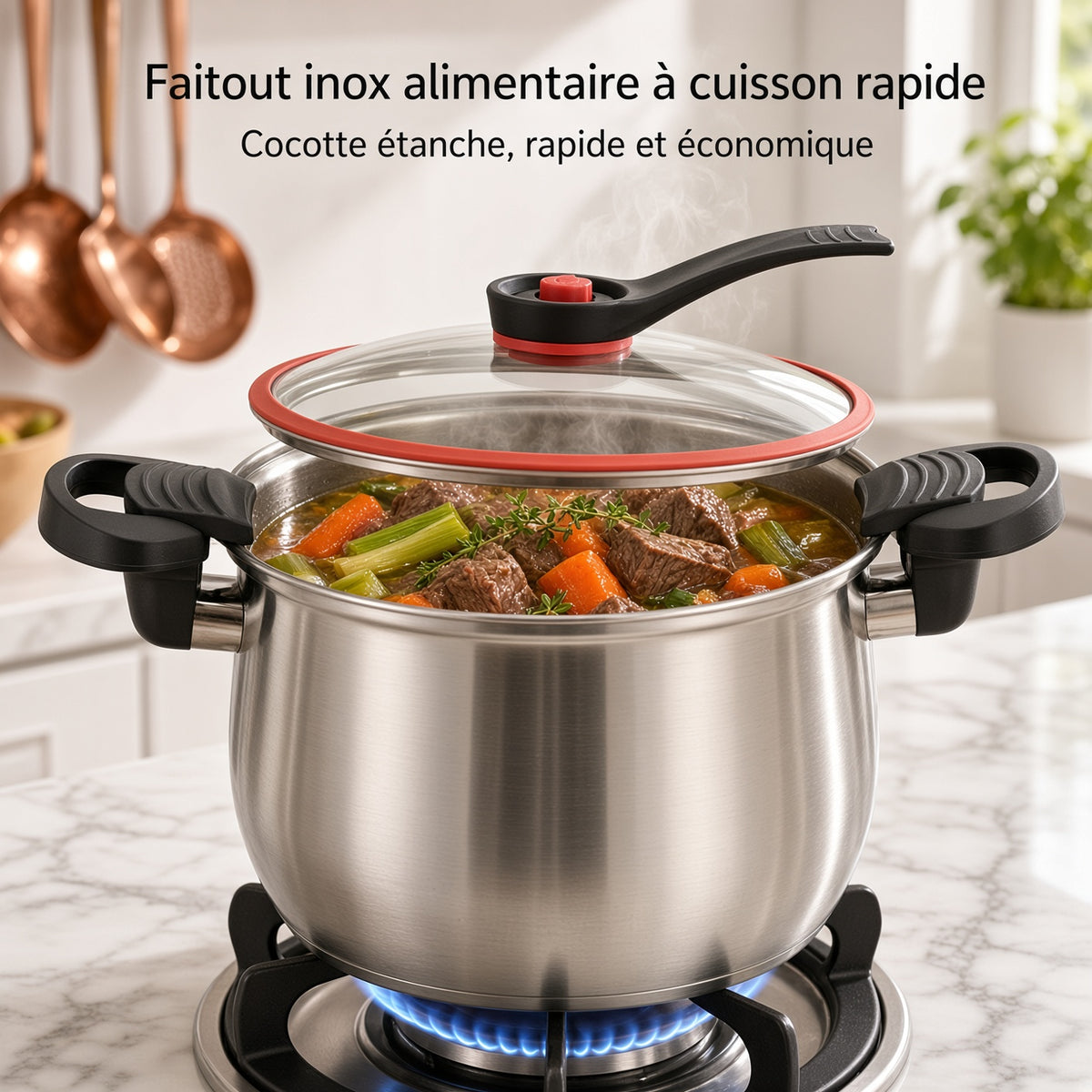 Faitout inox avec couvercle en verre, ragoût de bœuf en cuisson sur gaz