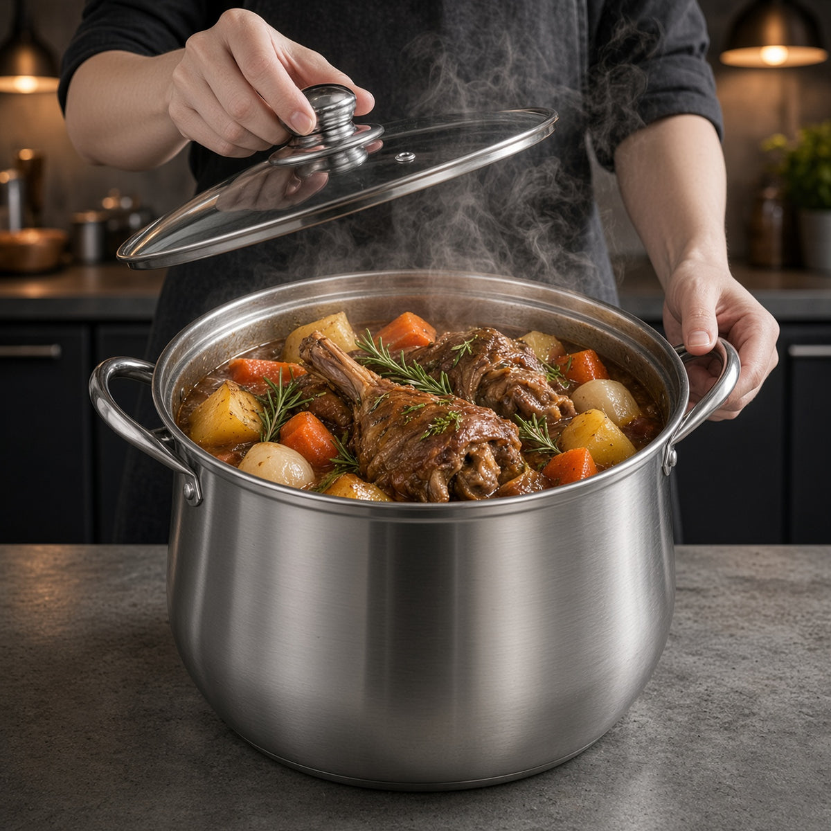 Pot-au-feu dans la grande marmite inox