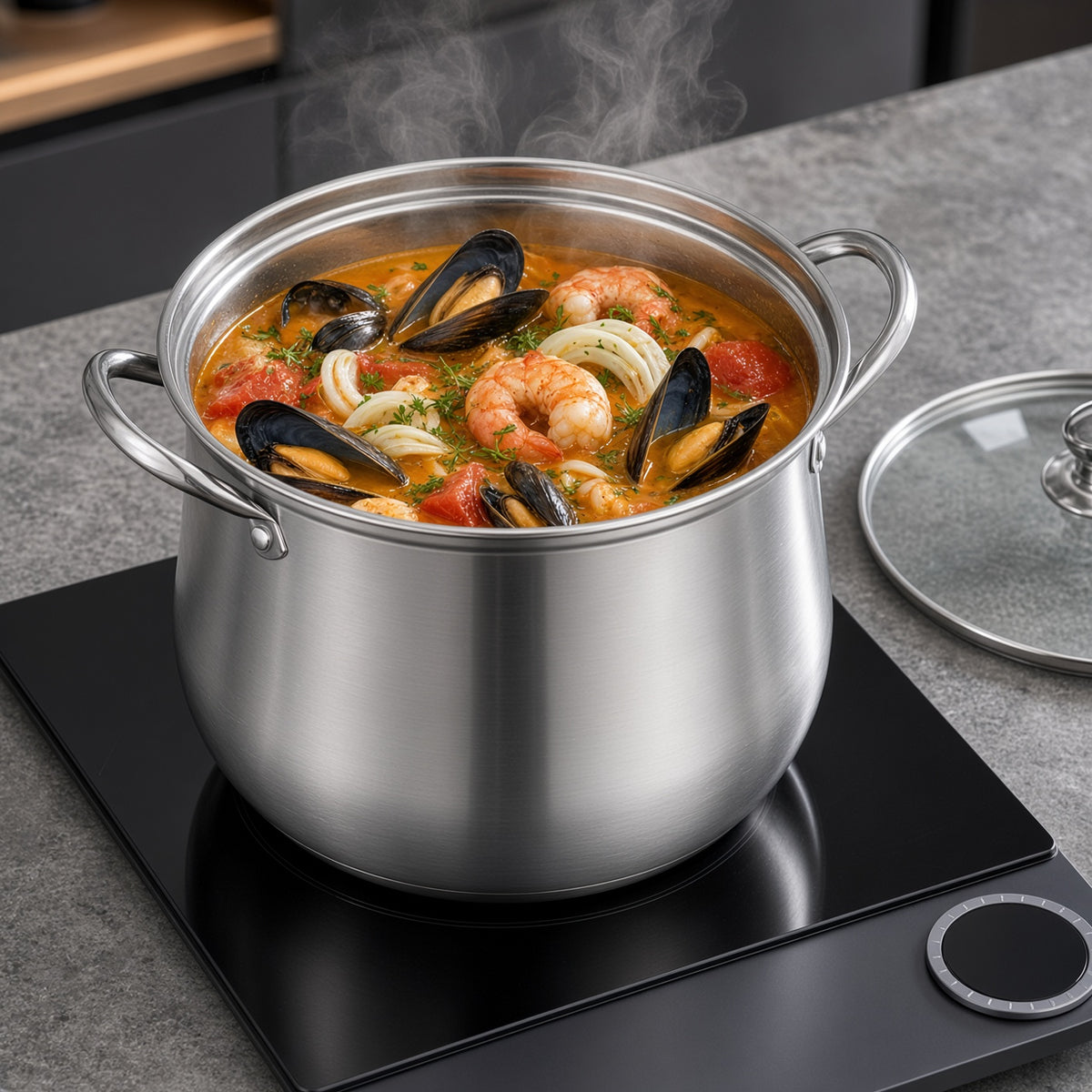 Soupe de fruits de mer dans la grande marmite inox sur induction