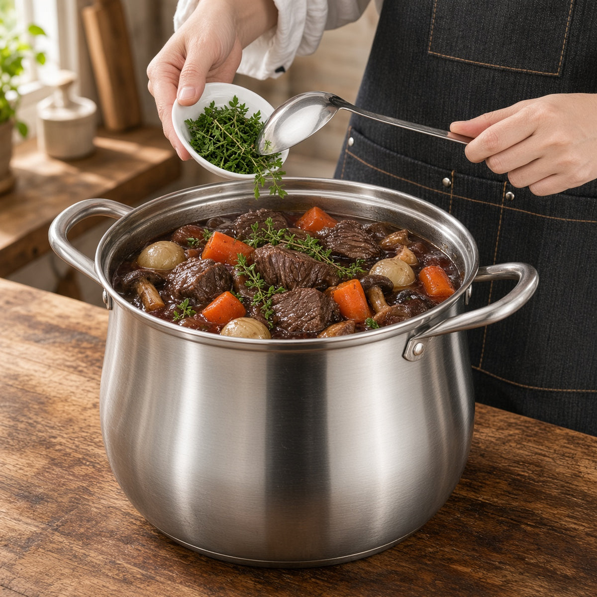 Ragoût de bœuf dans la grande marmite inox
