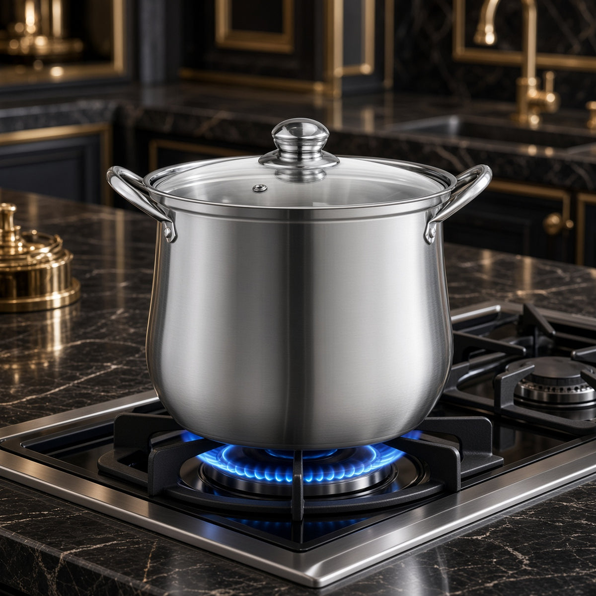 Grande marmite inox sur feu à gaz