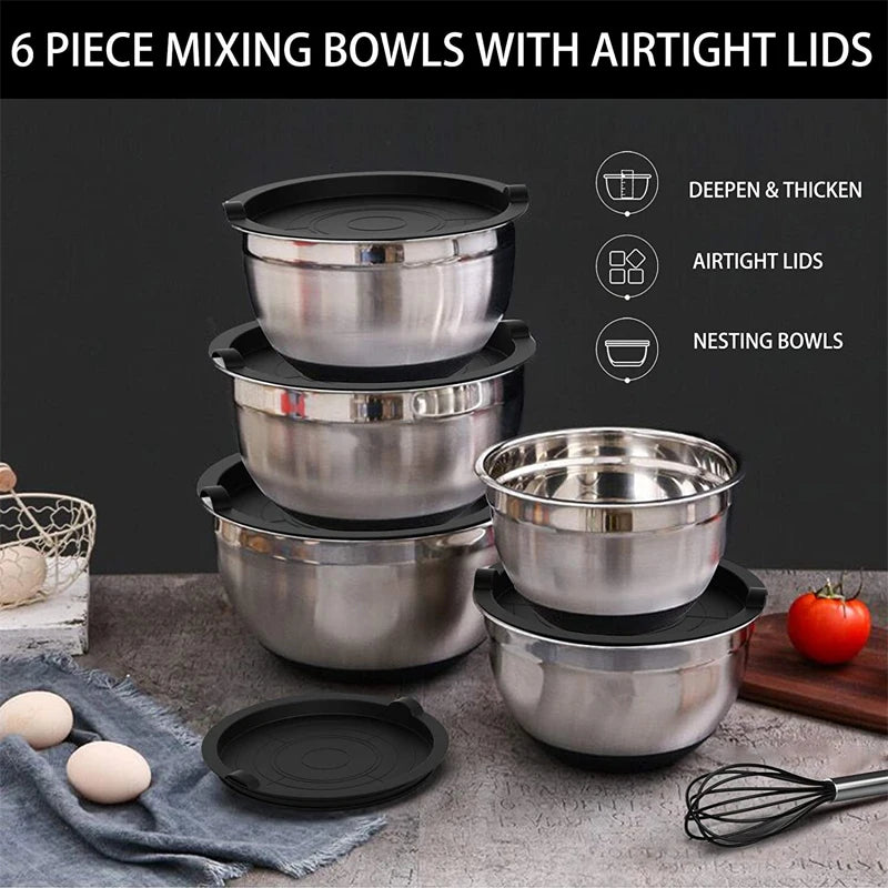 Edelstahl-Rührschüssel mit Deckel & Rutschfestem Boden – 18 bis 28 cm oder Set
